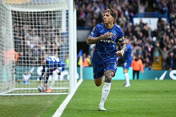 Enzo Fernández celebrates scoring for Chelsea
